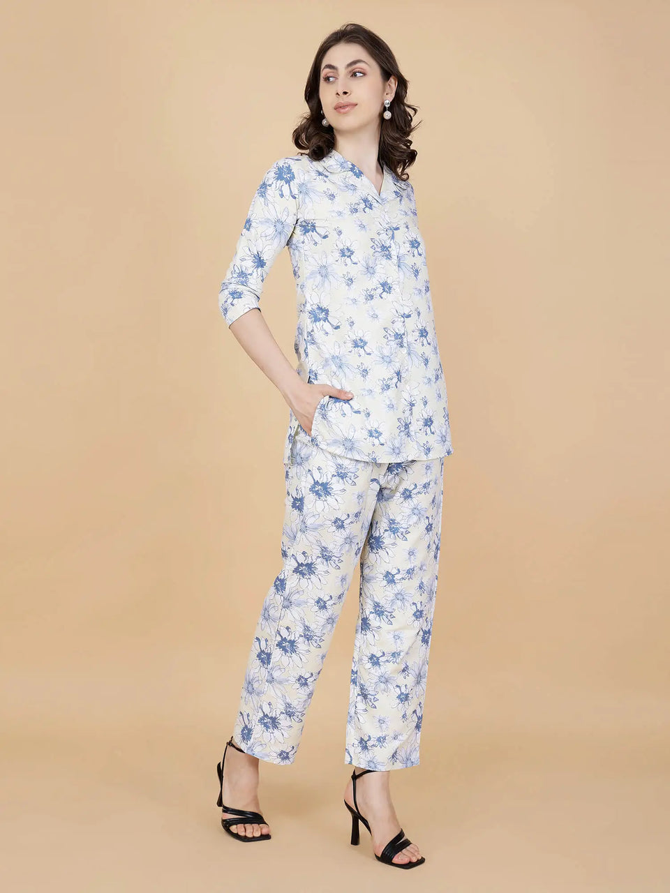 Side View of Light Yellow Blue Floral Printed Co-ord Set for Women