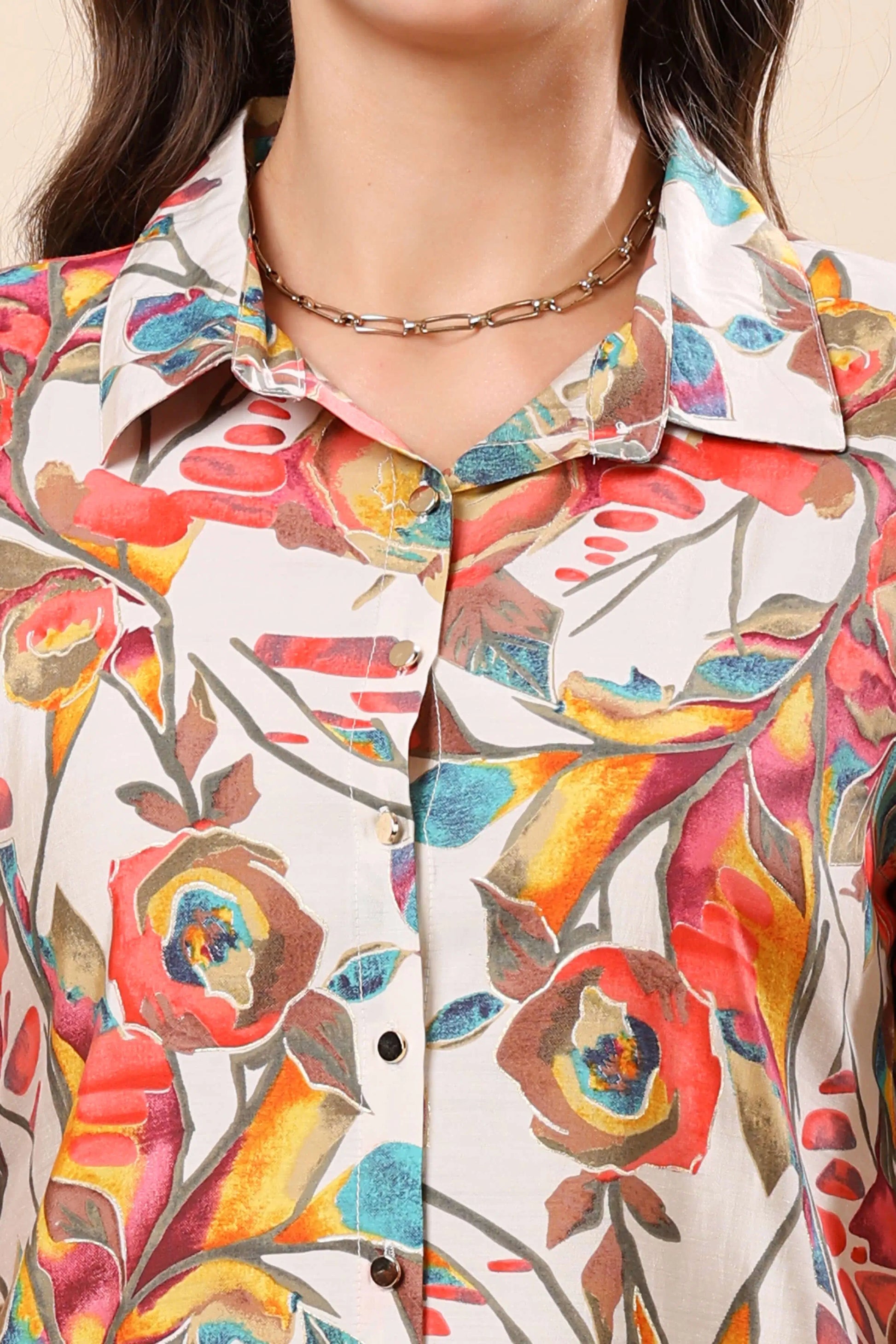 Close-up of Rabric muslin co-ord set showing soft fabric and detailed print