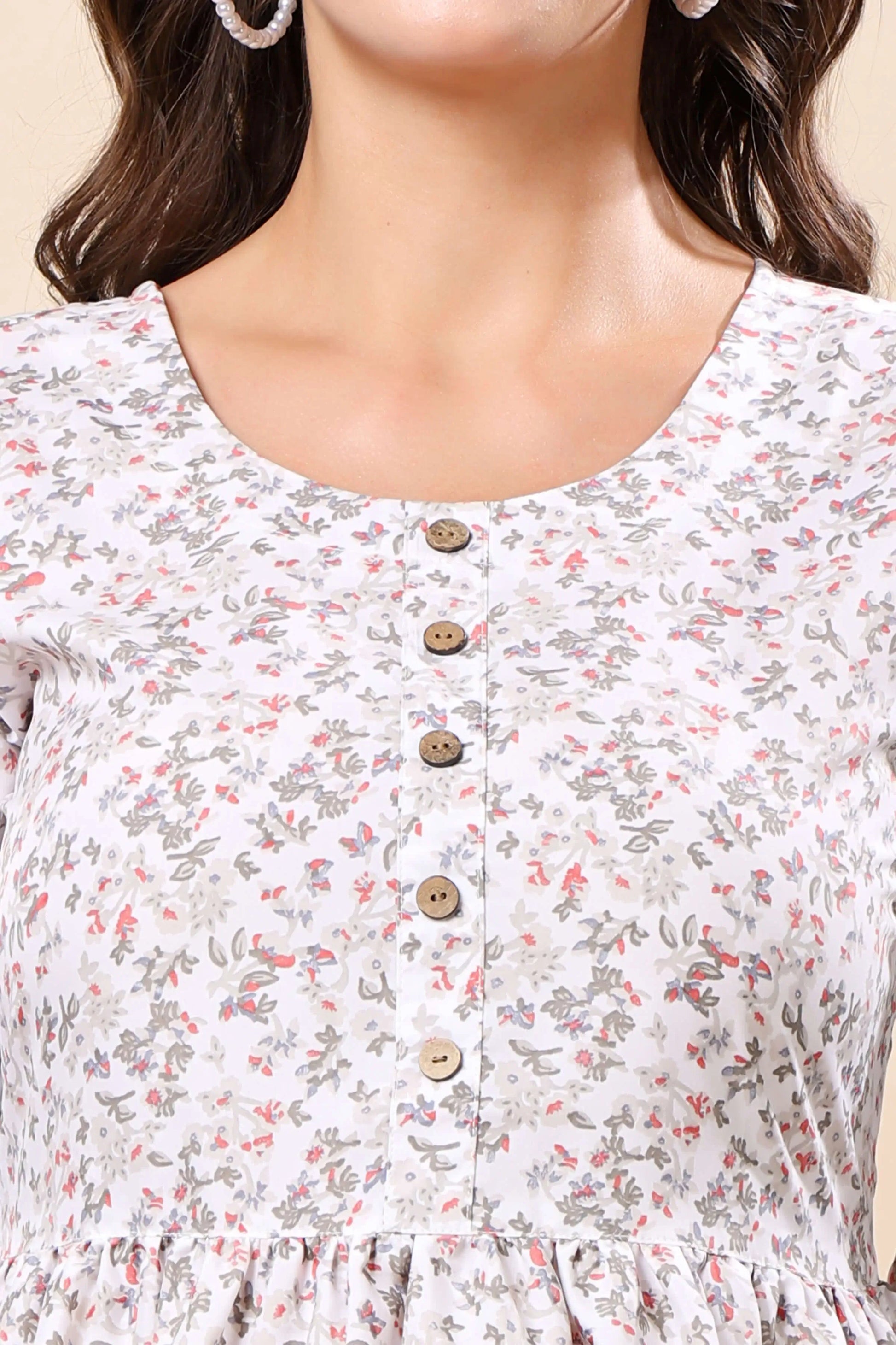Close-up of Floral Print on White Crepe Kurti
