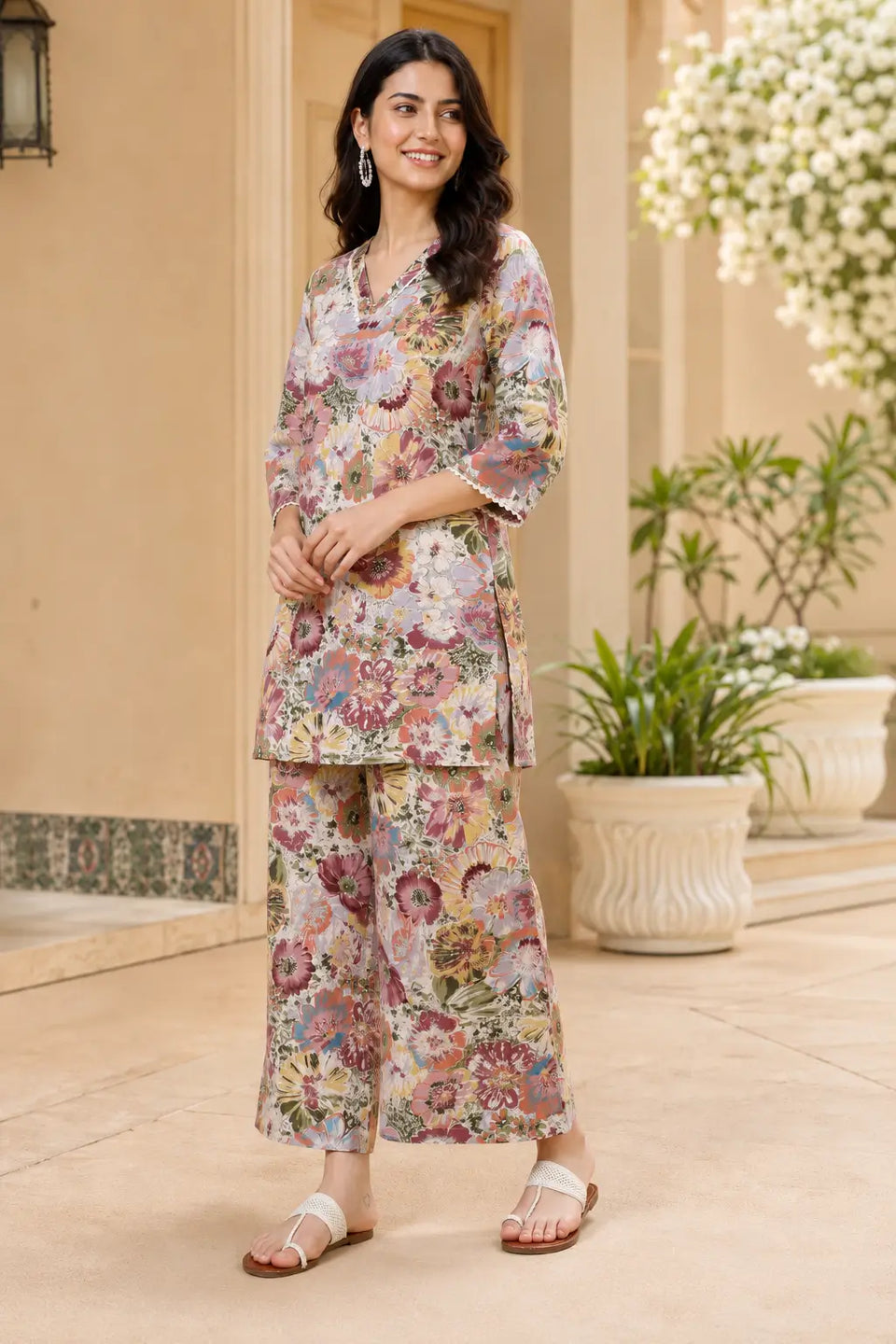 Side profile of Rabric women's floral cotton co-ord set featuring dusty pink floral print, V-neck top, 3/4 sleeves and comfortable wide leg palazzo pants.