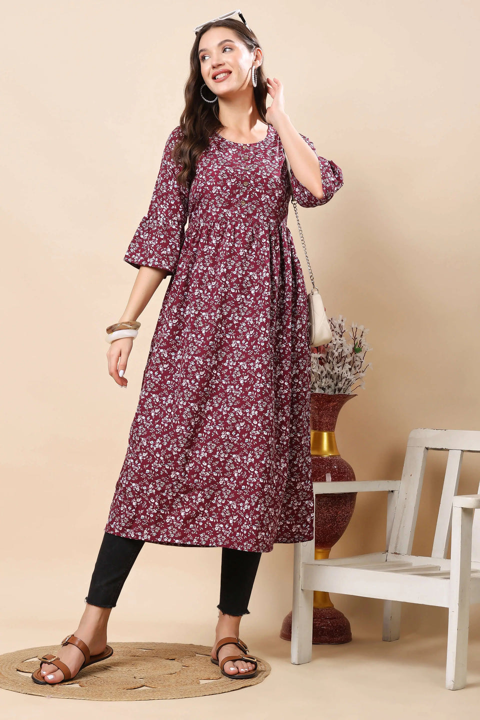Rabric Premium Maroon Floral Long Kurti for Women – Front View