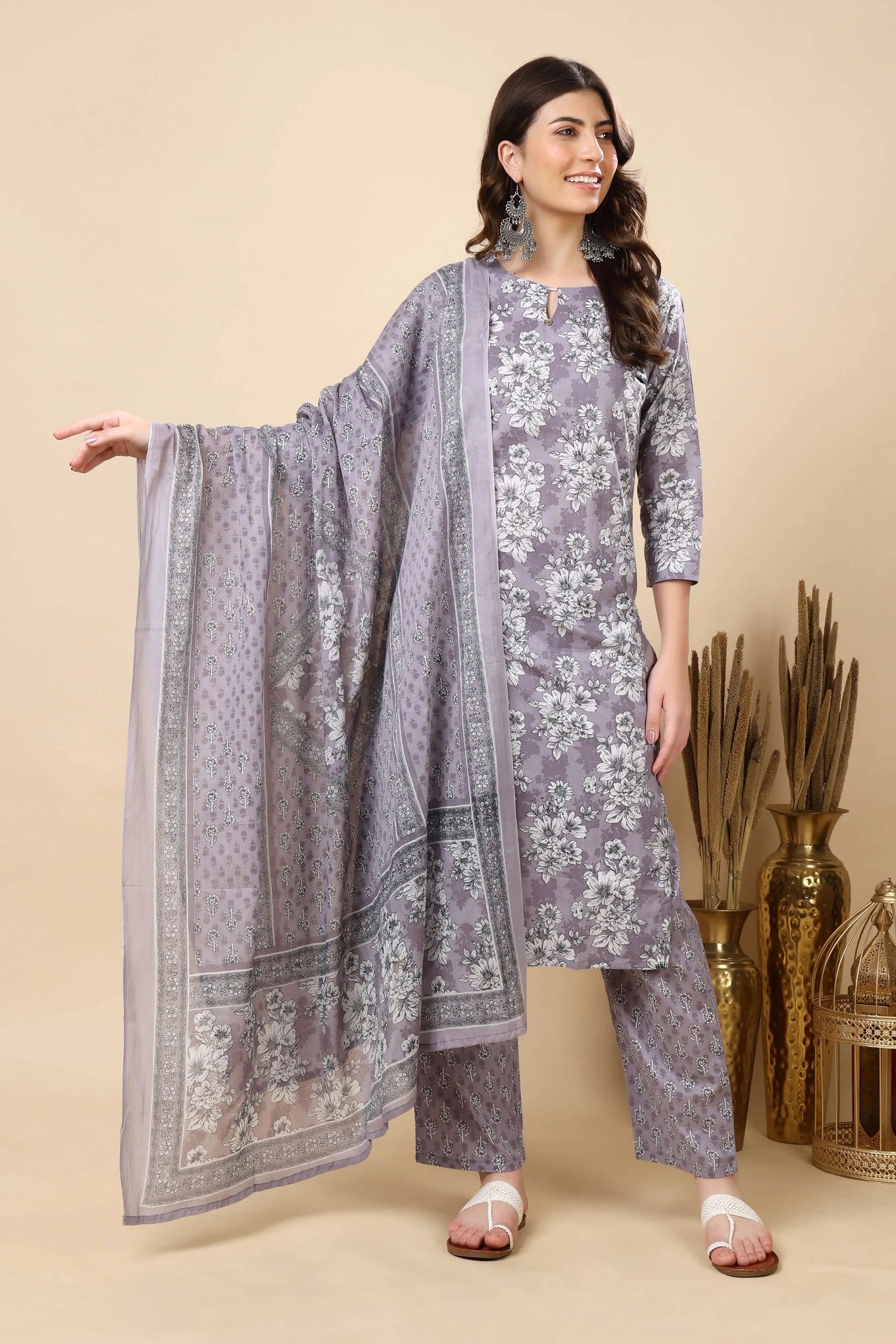 Trendy grey floral cotton suit set for office and festive occasions