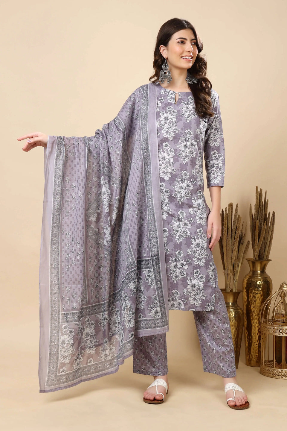 Trendy grey floral cotton suit set for office and festive occasions
