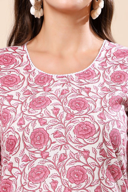 Close-up of pink floral block print on Rabric cotton kurti