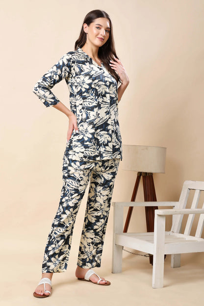 Premium rayon blue co-ord set showing right side pocket detail