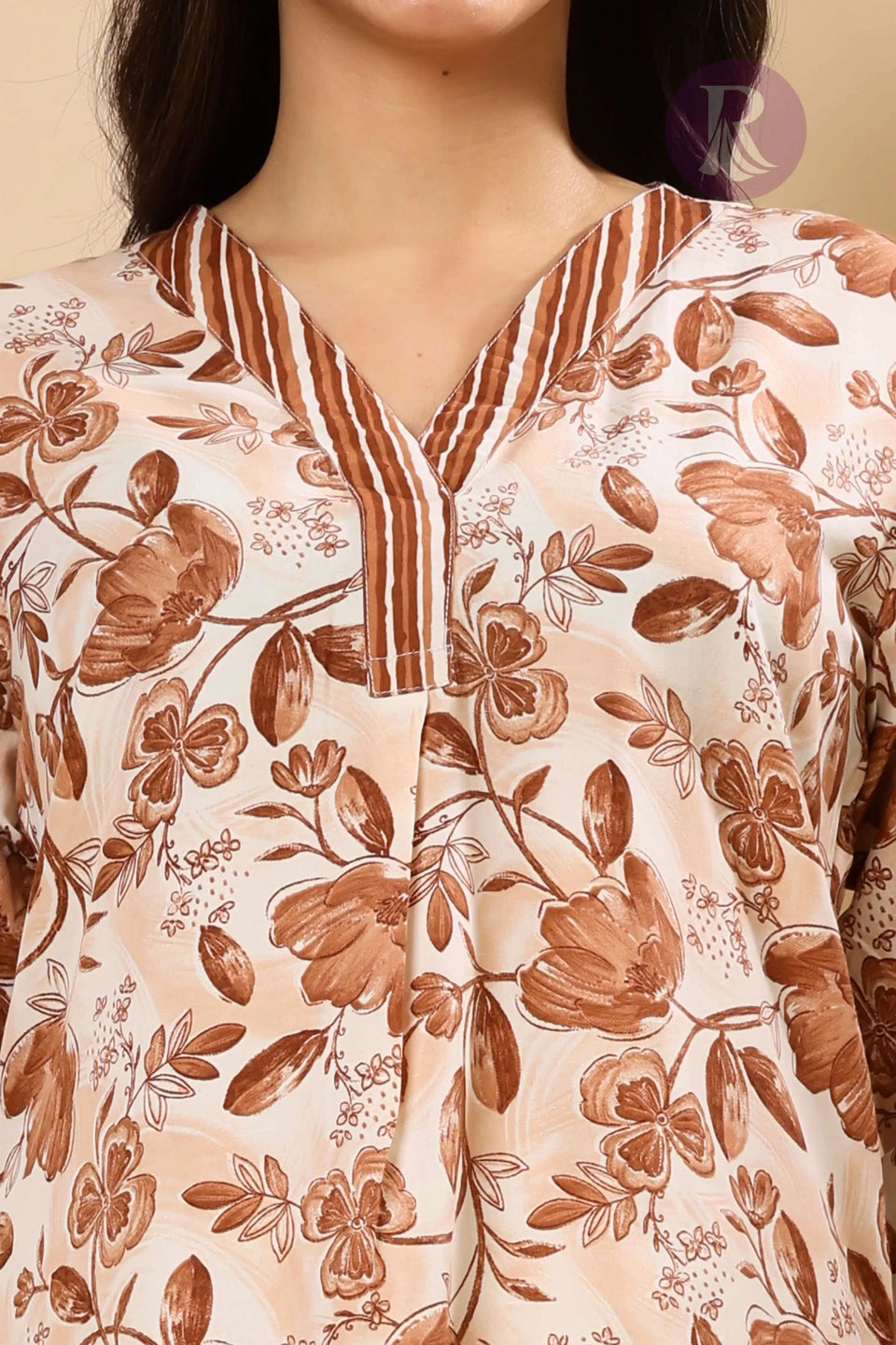 Close-up of floral printed long kurti in breathable cotton slub fabric