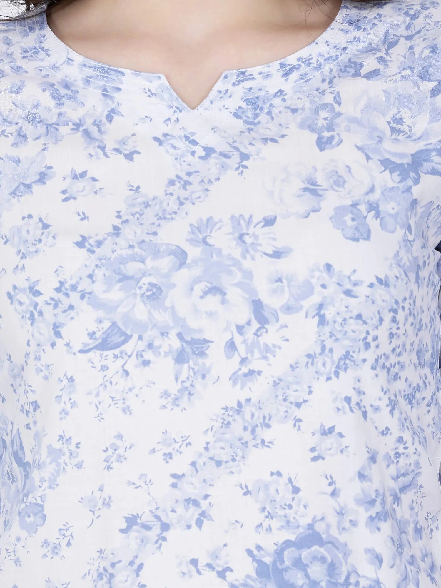 Close-up of floral print and neckline on Rabric rayon short kurti
