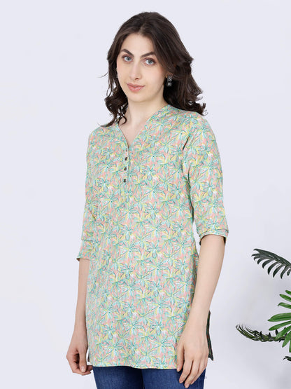 Side view of pastel floral printed short kurti for women