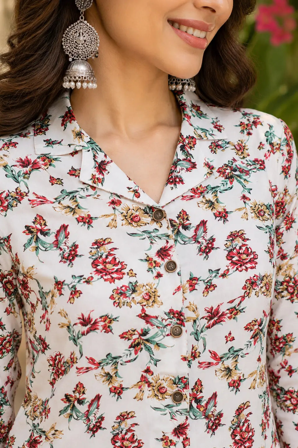 Close up collar neck design of Rabric floral printed rayon co-ord set for women with stylish button detailing and soft fabric texture