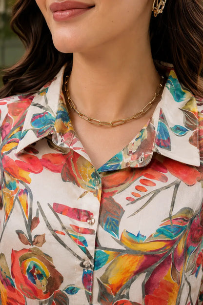 Close up collar neck design of Rabric floral printed rayon shirt for women featuring premium soft breathable fabric
