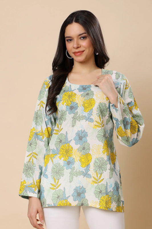 Women floral printed cotton short top front view office wear