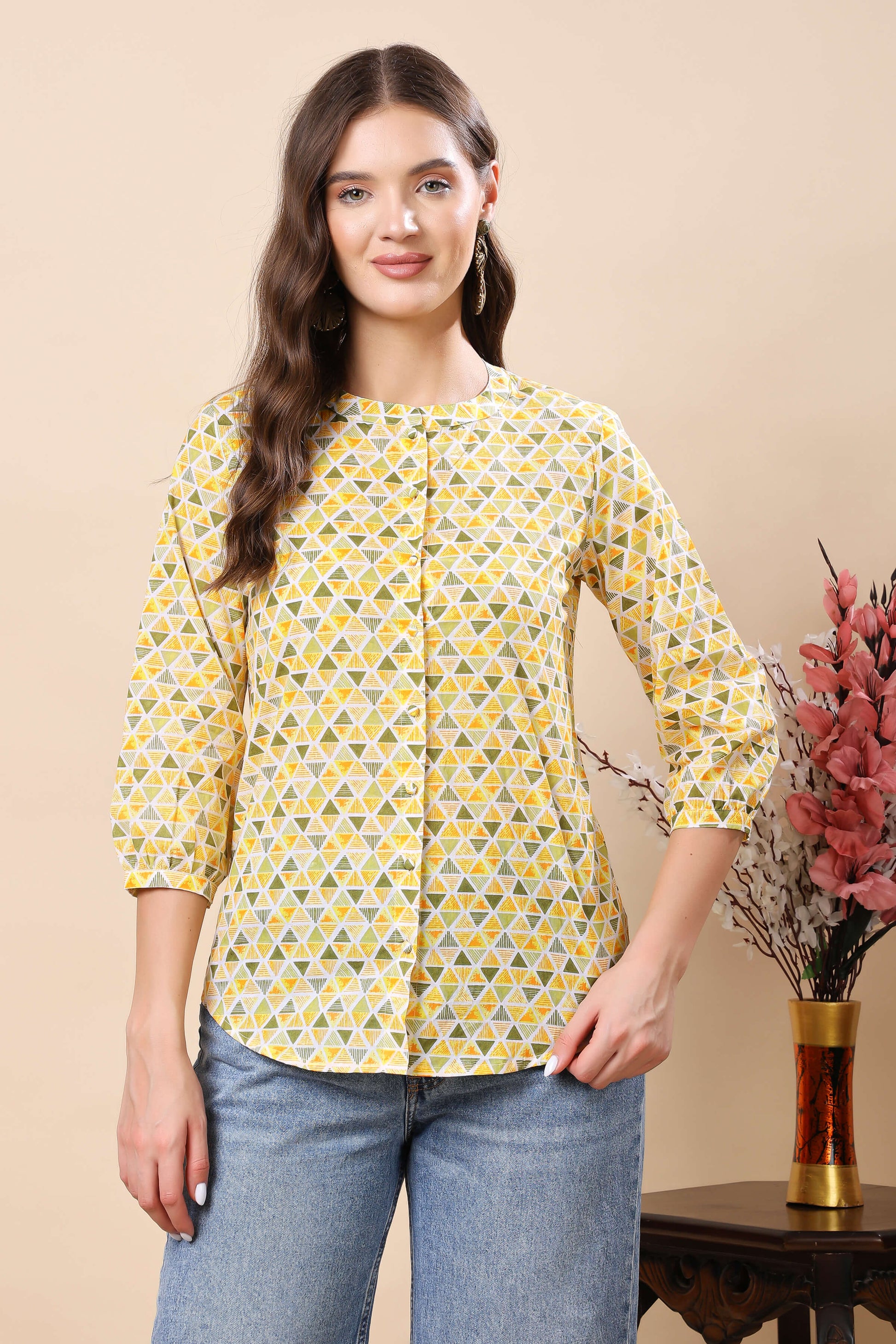 Rabric Yellow Green Triangle Print Short Top for Ladies