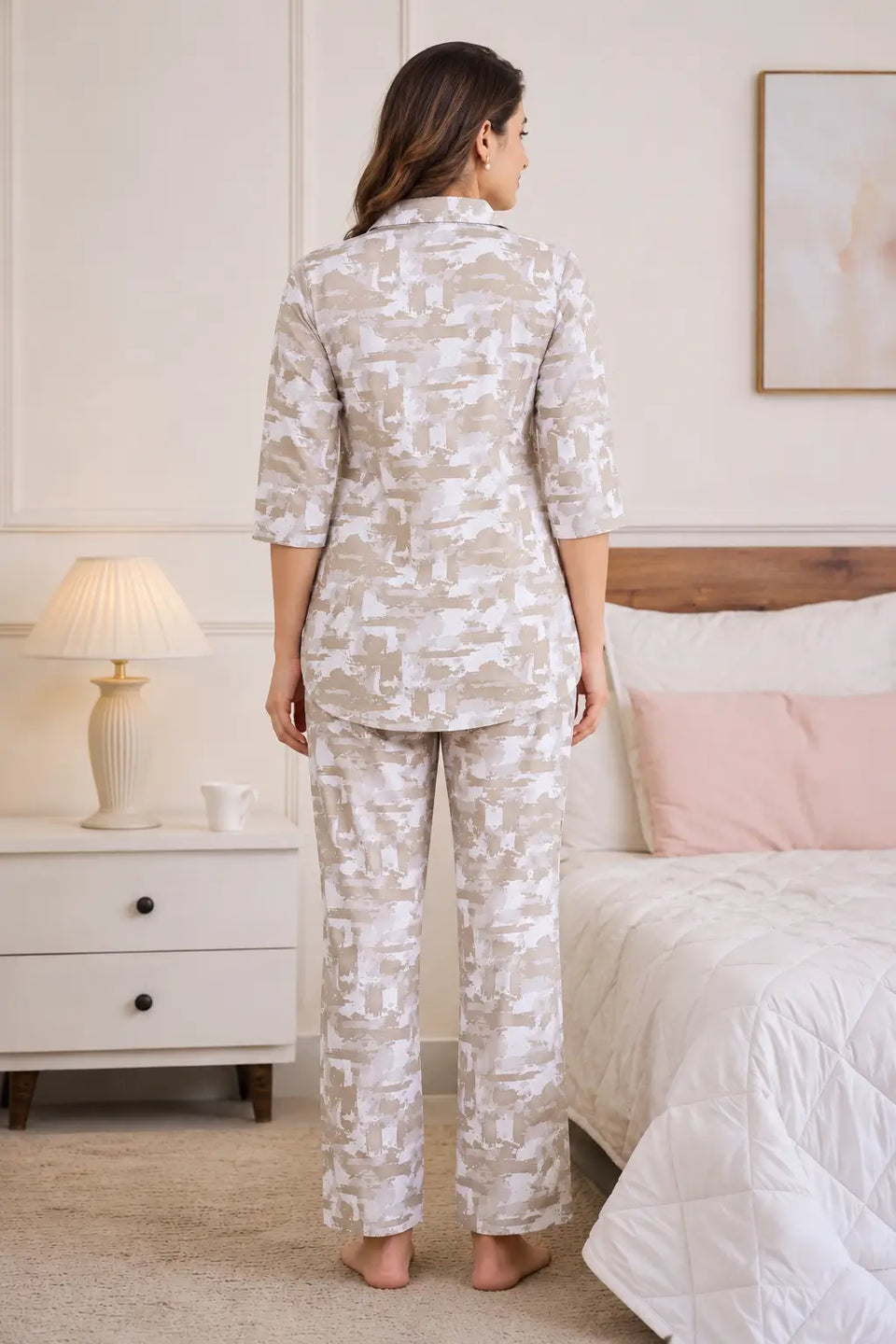 Back view of Rabric blue glace cotton women’s nightwear co-ord pajama set with relaxed fit full length pants