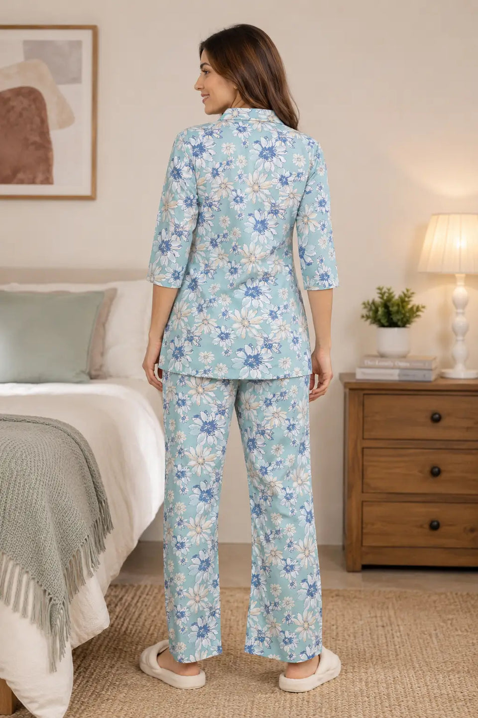 Back view of Rabric women floral glace cotton night suit co-ord set in sky blue color with comfortable fit pajama