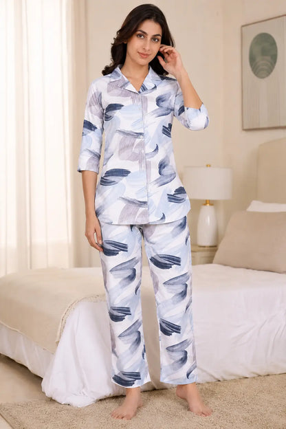 Rabric women glace cotton blue and white abstract print co-ord night suit front view with 3/4 sleeves and straight fit pajama set