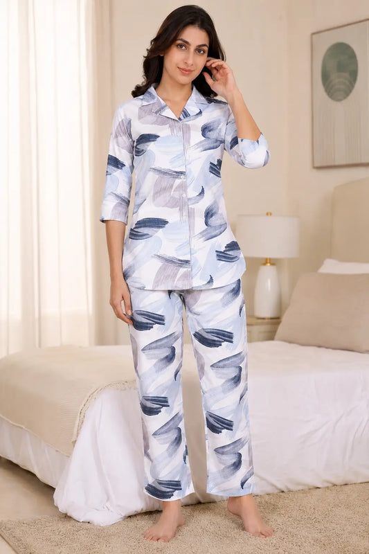 Rabric women glace cotton blue and white abstract print co-ord night suit front view with 3/4 sleeves and straight fit pajama set