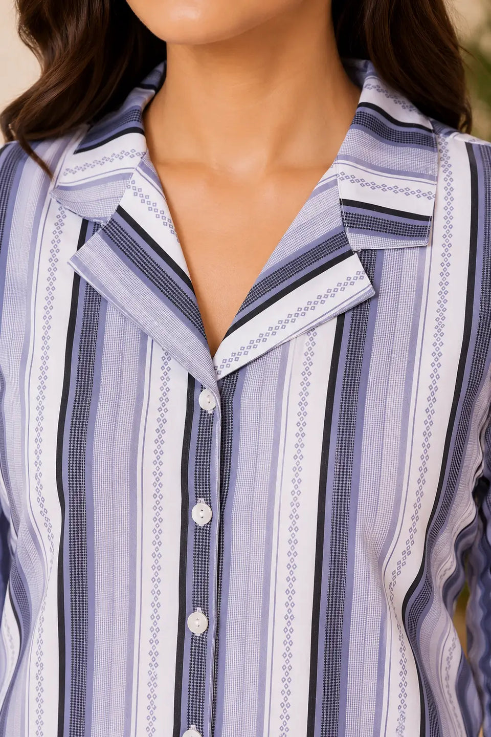 Close up collar neck design of Rabric glace cotton striped women night suit shirt with button detailing