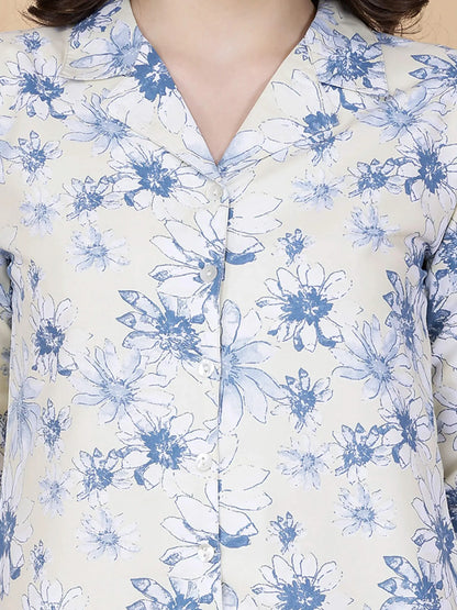 Close-up of Collared Button-Down Top in Blue Floral Cotton Co-ord Set