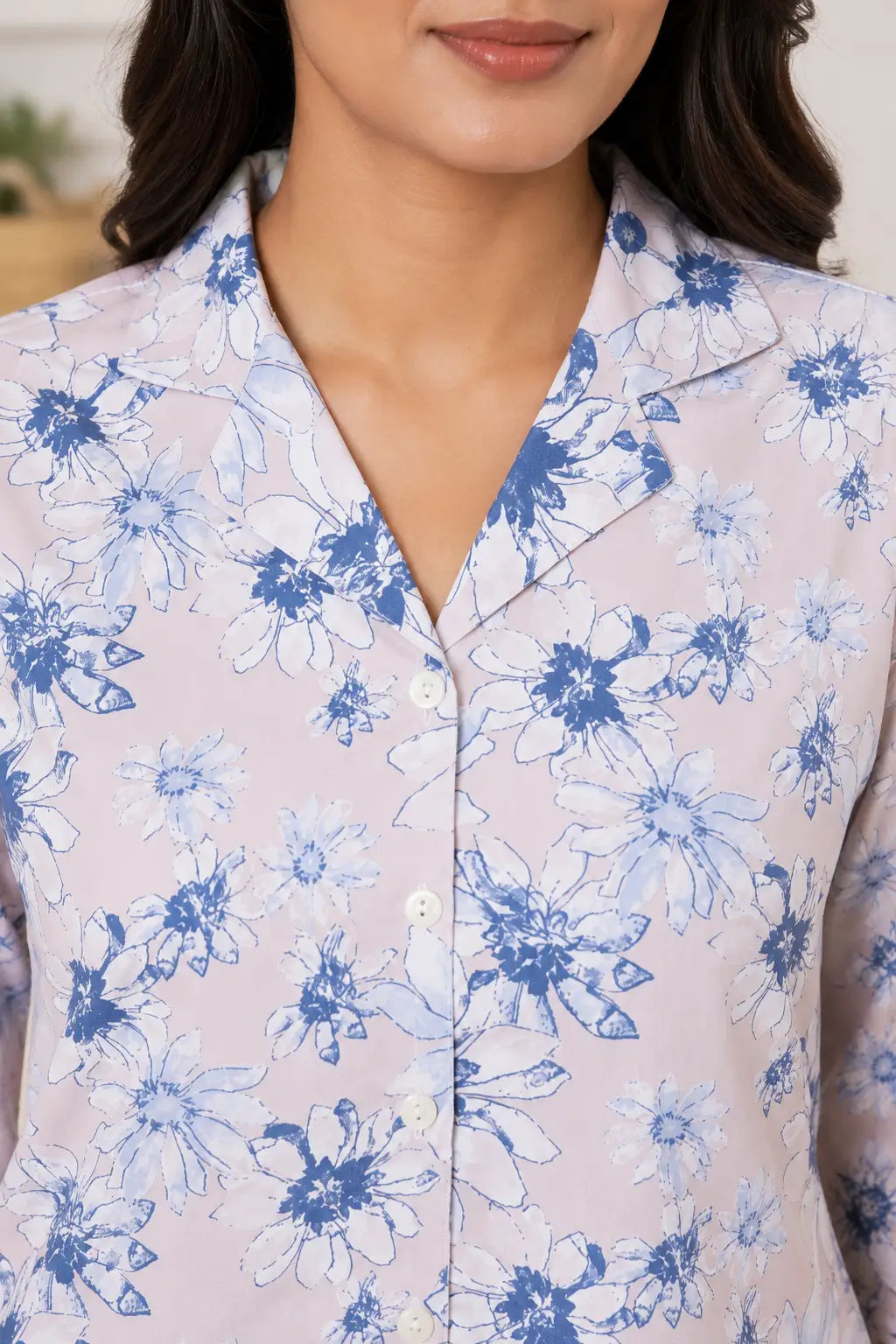 Closeup neck design of Rabric glace cotton floral women night suit featuring soft collar neckline and premium lightweight fabric