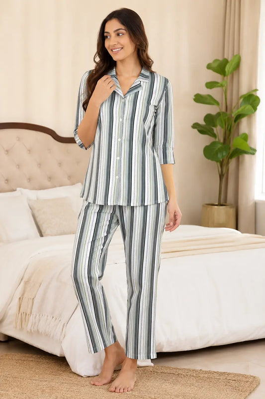 Rabric women glace cotton grey white striped night suit co-ord set front view with 3-4 sleeves and straight fit pajama