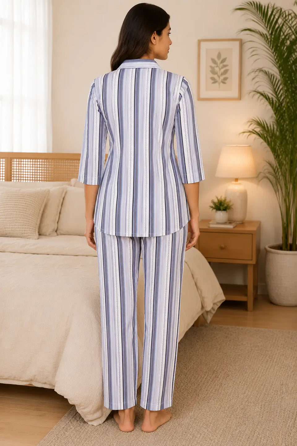 Back view of Rabric women glace cotton striped night suit in lavender blue shade with straight pajama pants