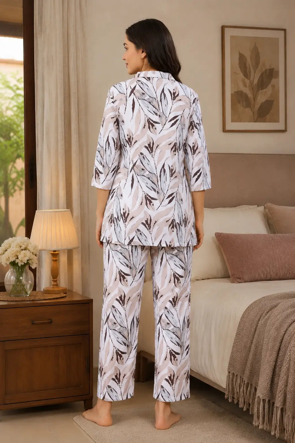 Back view of Rabric women glace cotton leaf print night suit co-ord set in soft beige color with relaxed fit pajama pants