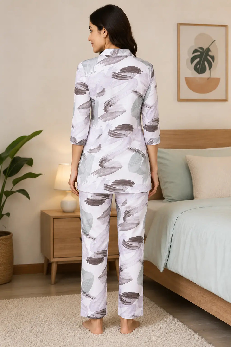 Back view of Rabric women’s glace cotton lilac abstract print co-ord night suit featuring breathable soft cotton fabric and relaxed fit pajama set