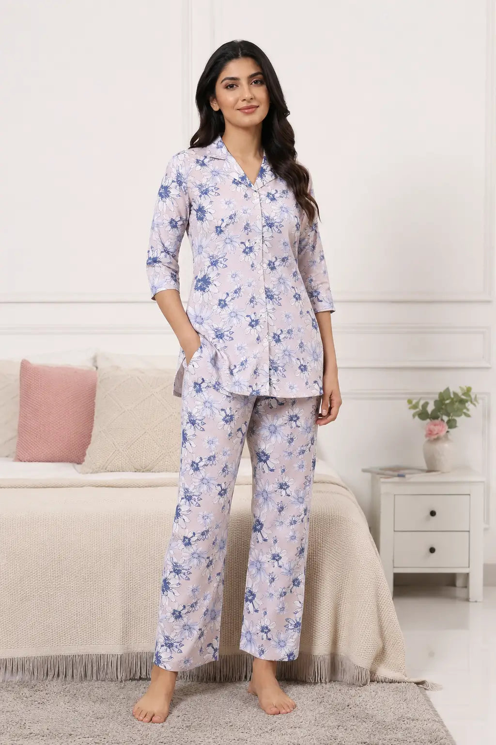 Rabric women’s glace cotton lilac blue floral co-ord night suit front view with 3/4 sleeves and straight pant for comfortable sleepwear
