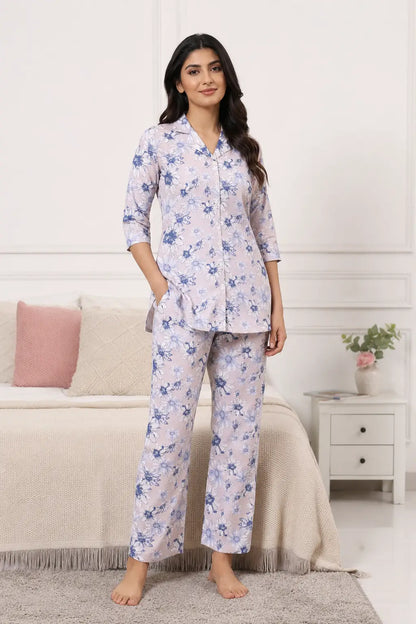 Rabric women’s glace cotton lilac blue floral co-ord night suit front view with 3/4 sleeves and straight pant for comfortable sleepwear