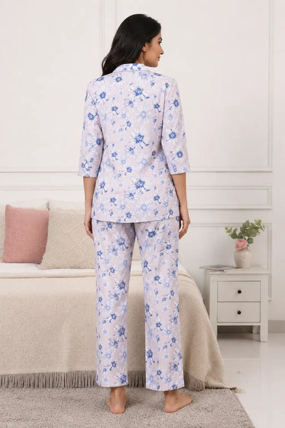 Back view of Rabric glace cotton lilac blue floral women co-ord nightwear set with relaxed fit pajama pant and soft breathable fabric