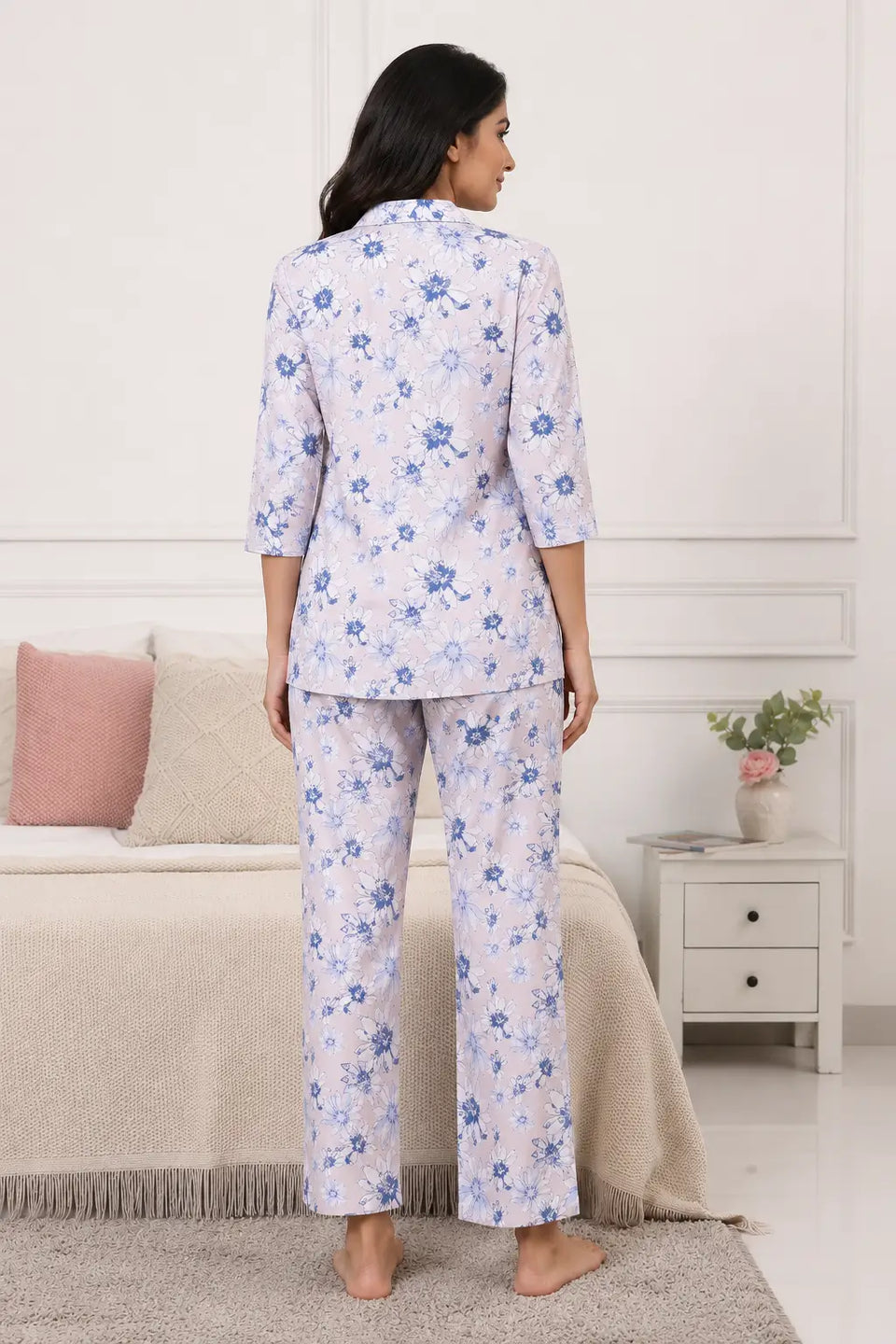 Back view of Rabric glace cotton lilac blue floral women co-ord nightwear set with relaxed fit pajama pant and soft breathable fabric