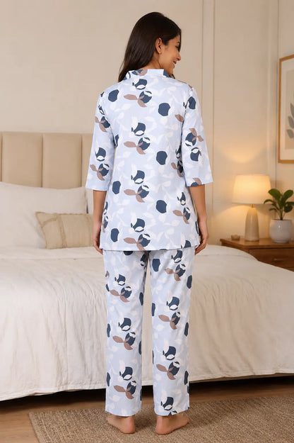 Back view of Rabric glace cotton pastel blue printed women co-ord sleepwear set with comfortable straight fit pajama