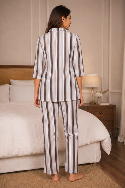 Back view of Rabric women striped glace cotton night suit co-ord set in beige brown color with relaxed fit pajama pants