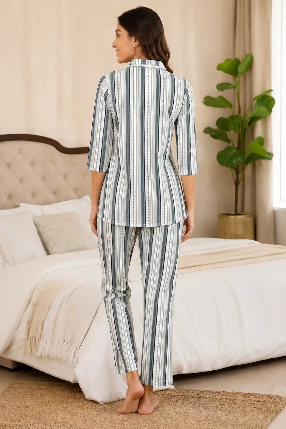 Back view of Rabric glace cotton striped women nightwear co-ord set in grey white color with relaxed fit pajama