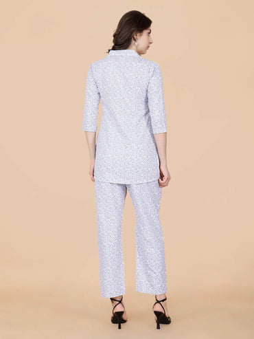 Back view of soft white floral printed co-ord set by Rabric