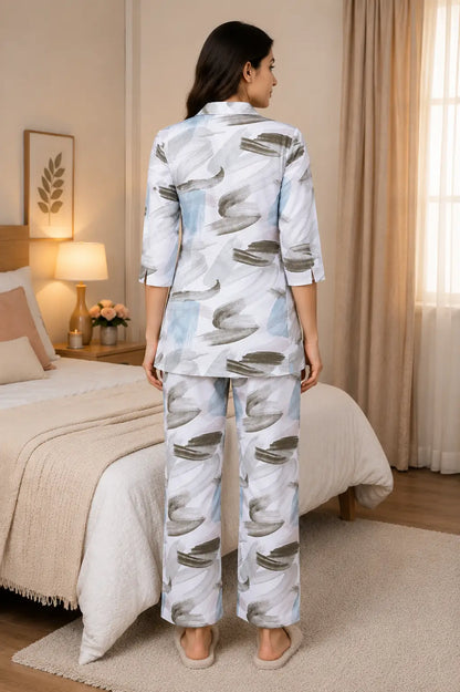 Back view of Rabric women glace cotton printed co-ord night suit in white grey and blue with relaxed fit pajama pants