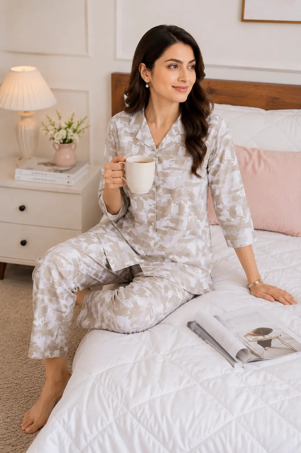 Rabric women’s blue glace cotton sleepwear co-ord set in casual sitting pose with cozy bedroom accessories