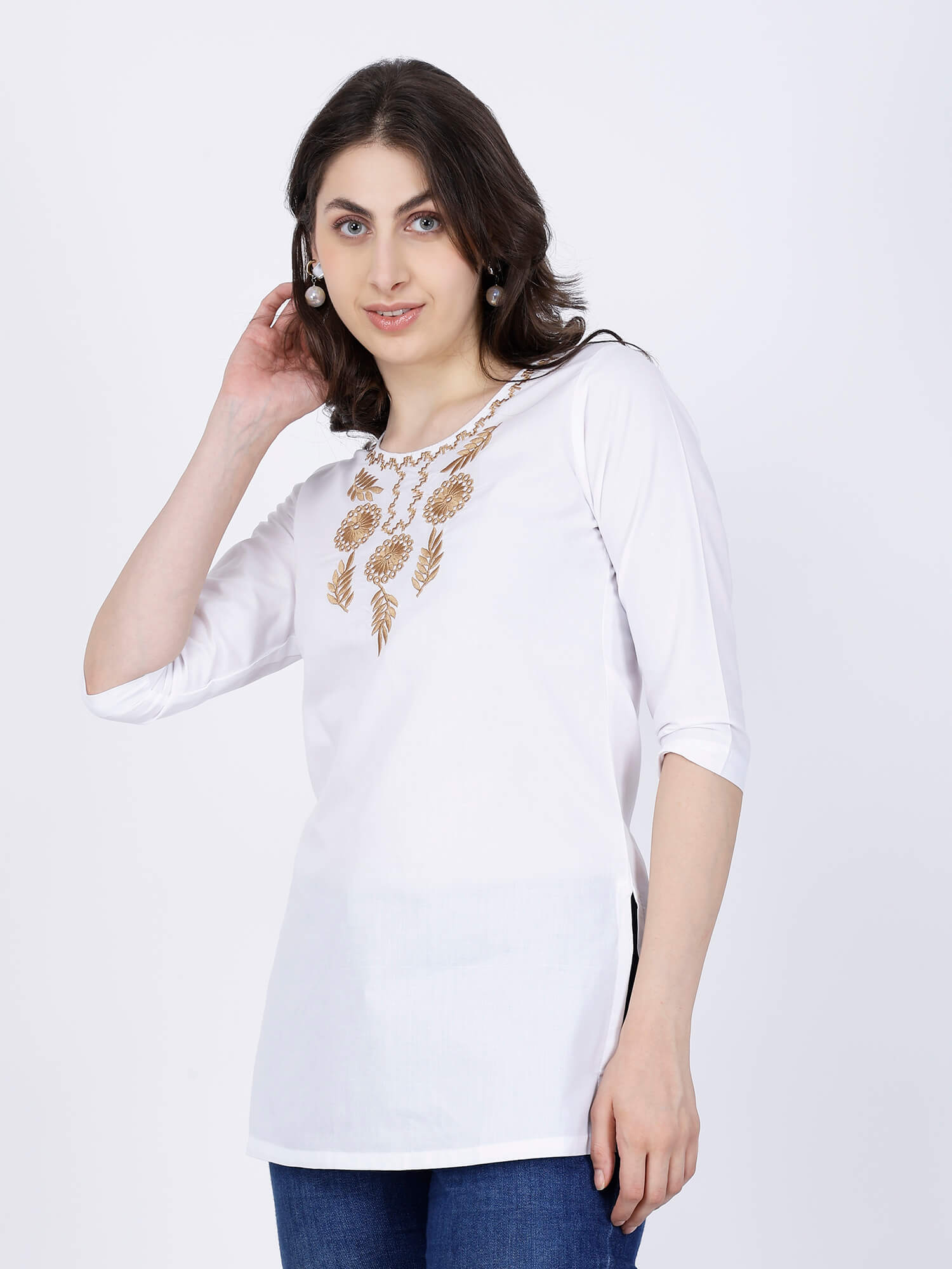 Golden Thread Embroidery Detail on Rabric Cotton Short Kurti