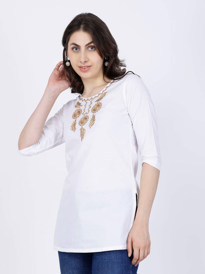 Golden Thread Embroidery Detail on Rabric Cotton Short Kurti