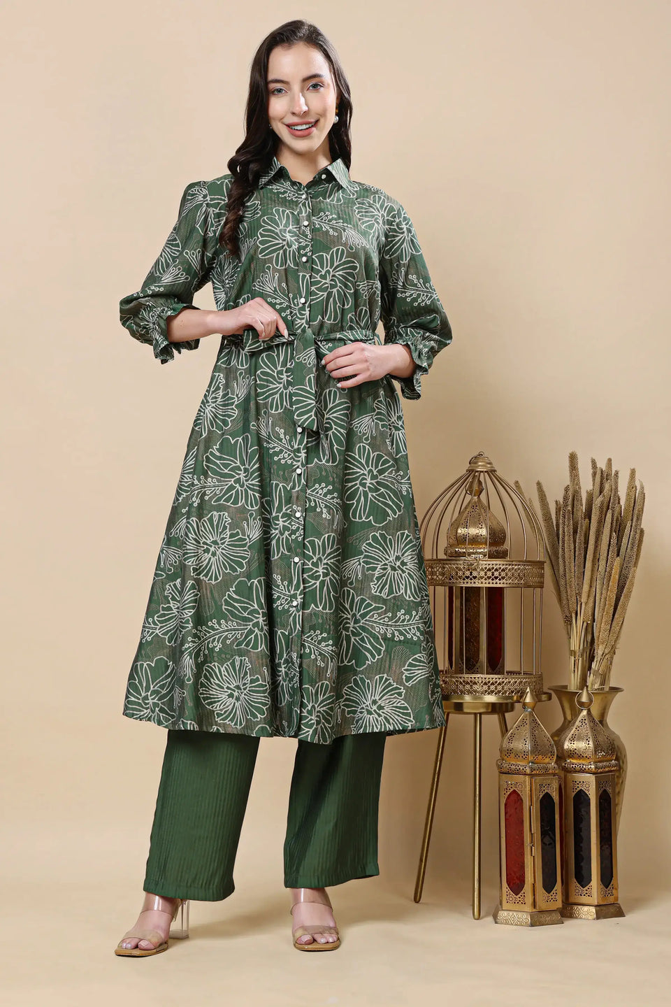 Women green Berlin silk co-ord set front view