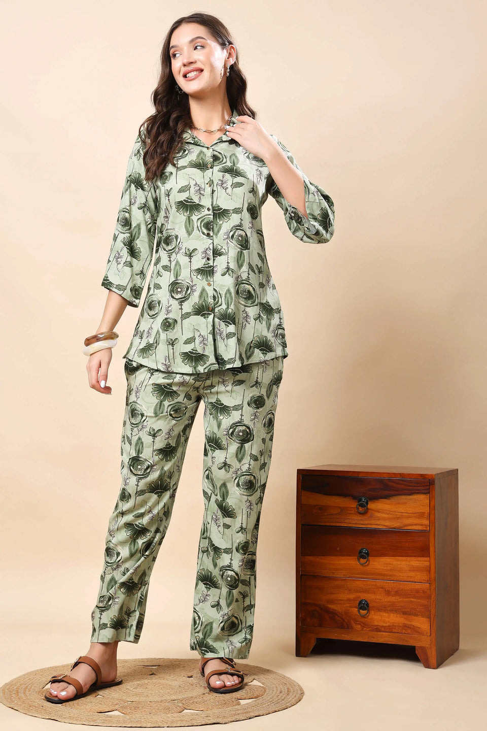 Rabric Premium Green Botanical Printed Rayon Co-ord Set Front View