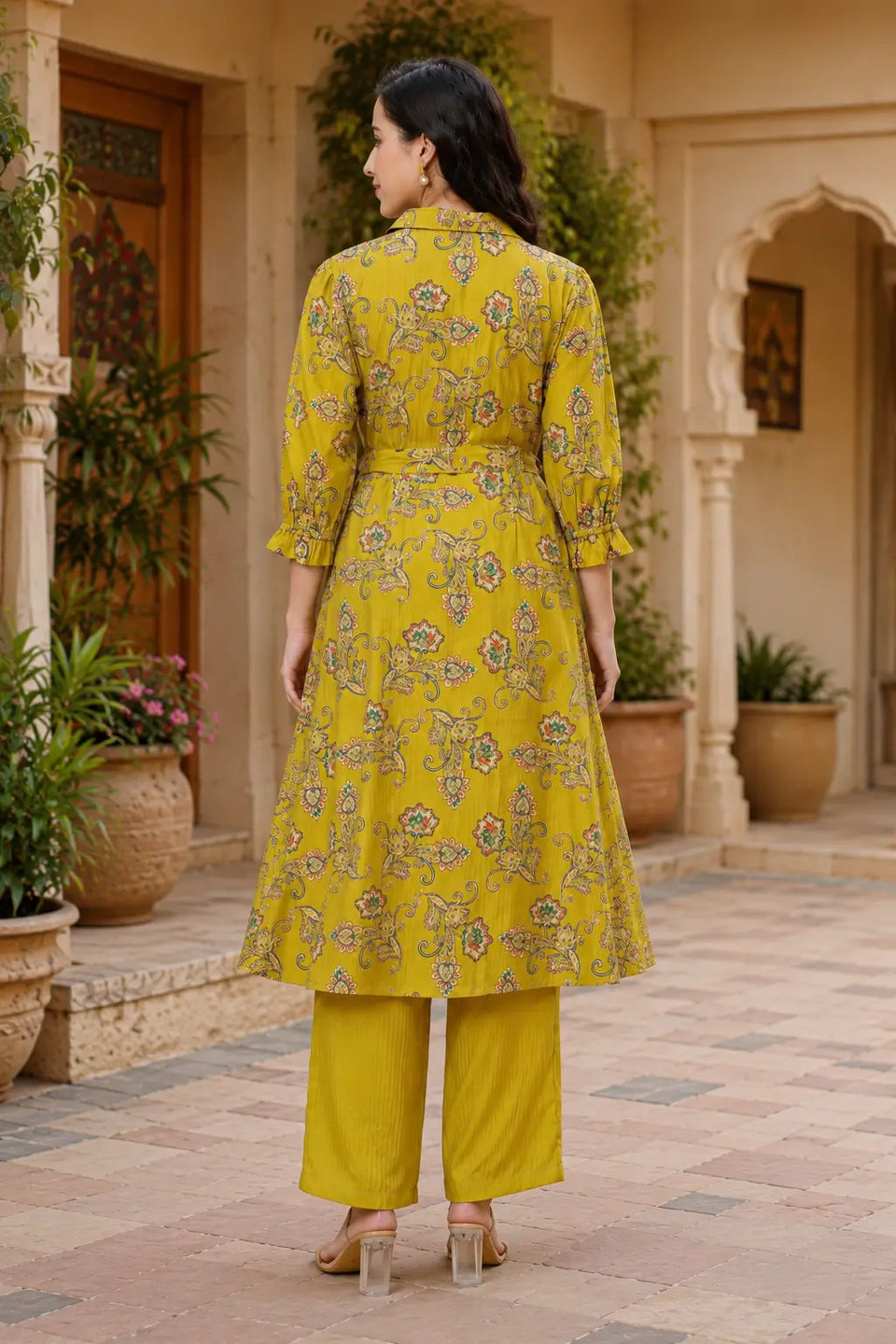 Back view of parrot green floral co-ord set with belt detail