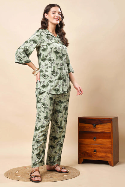 Women’s Green Rayon Floral Co-ord Set Side View with Collared Top
