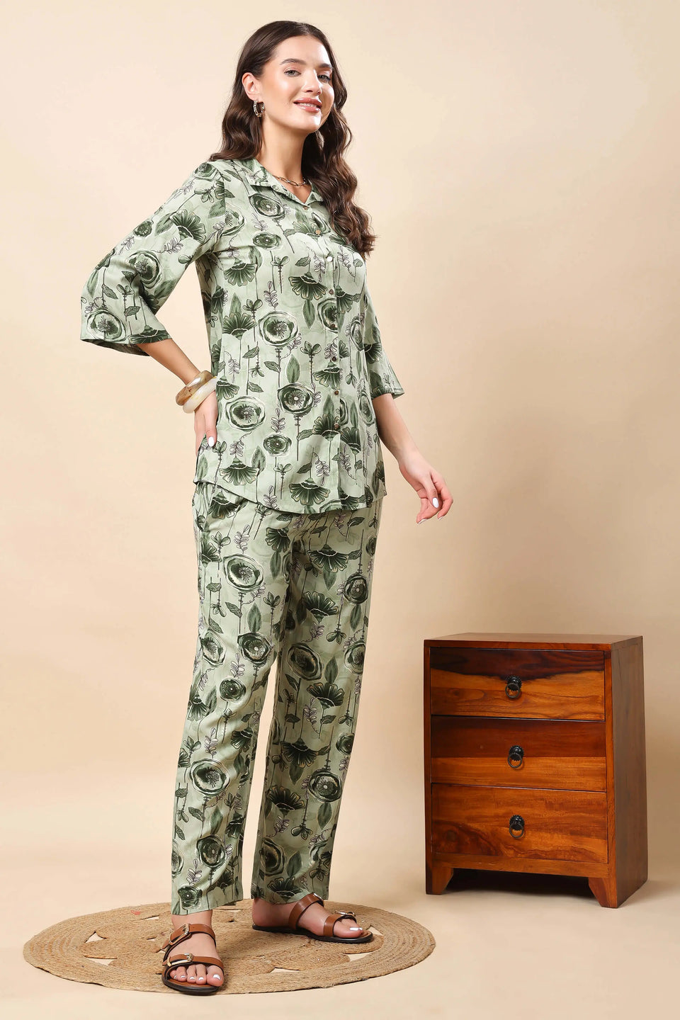 Women’s Green Rayon Floral Co-ord Set Side View with Collared Top