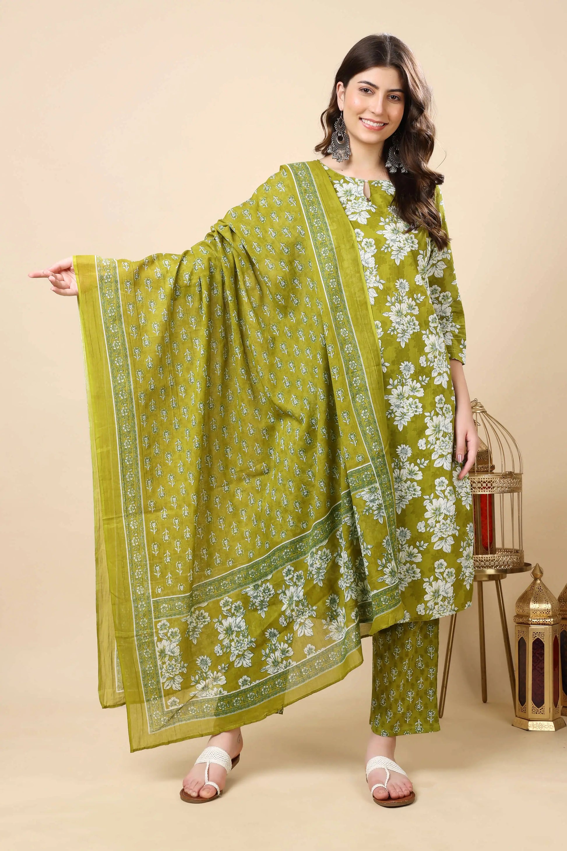 Printed Cotton Dupatta from Rabric Green Floral Kurti Set