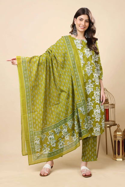 Printed Cotton Dupatta from Rabric Green Floral Kurti Set