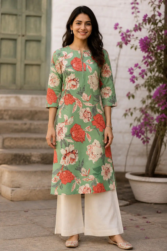 Rabric women green floral cotton flex kurta pant set front view with bell bottom pants