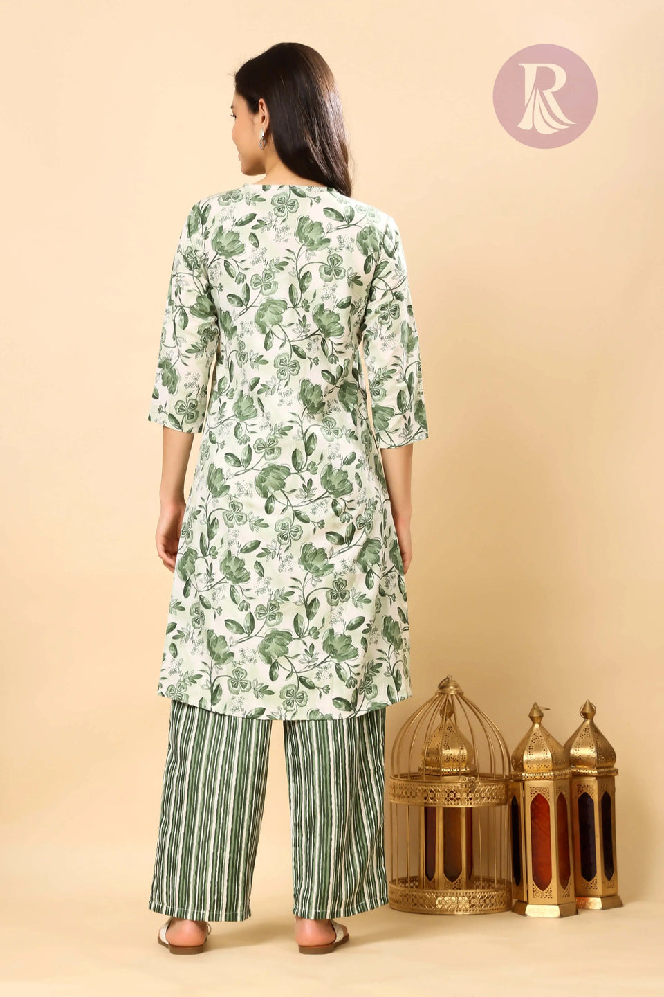Women’s cotton slub floral kurti for daily wear with striped pants
