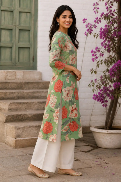 Side view of Rabric green floral cotton flex kurta pant set for women