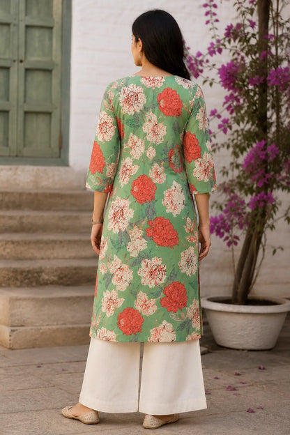 Rabric women stylish green floral kurta pant set back view cotton flex ethnic wear